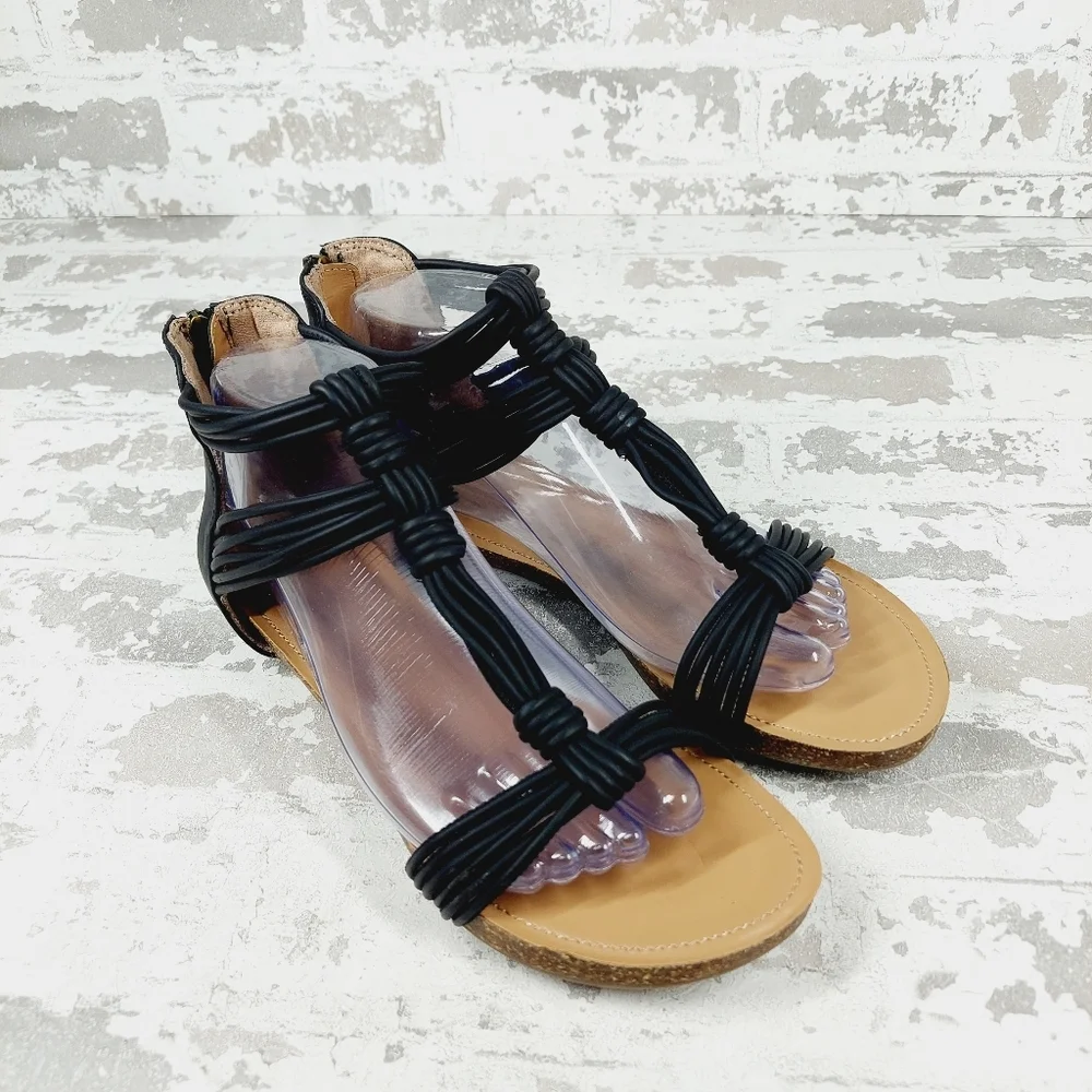 NEW Adam Tucker Neve Flat Strappy Women's Black Summer Sandals E350